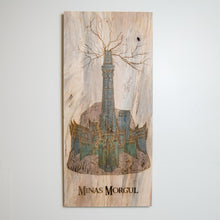 Load image into Gallery viewer, Minas Morgul Reclaimed Pallet Wood Wall Art | Handcrafted Fantasy Wood Burn Decor