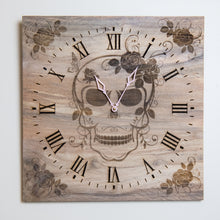 Load image into Gallery viewer, Laser Engraved Skull & Roses Clock made from Reclaimed Pallet Wood Wall