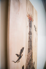 Load image into Gallery viewer, Handmade Laser Engraved Reclaimed Pallet Wood Wall Art – Fantasy Dark Tower with Eye, Gothic Rustic Home Decor