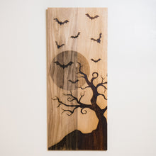 Load image into Gallery viewer, Handmade Laser Engraved Recycled Pallet Wood Wall Art – Rustic Bat & Moon Decor with Tree Silhouette