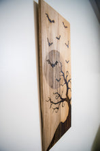 Load image into Gallery viewer, Handmade Laser Engraved Recycled Pallet Wood Wall Art – Rustic Bat & Moon Decor with Tree Silhouette