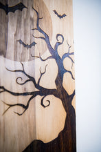 Load image into Gallery viewer, Handmade Laser Engraved Recycled Pallet Wood Wall Art – Rustic Bat & Moon Decor with Tree Silhouette