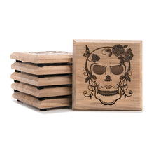 Load image into Gallery viewer, Laser‑Engraved Wooden Skull Flower Coaster Set (Set of 6)
