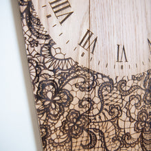Load image into Gallery viewer, Gothic Handmade Coffin Wall Clock Laser Engraved Red Oak Lace Wall Art
