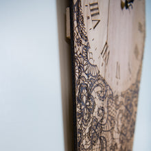 Load image into Gallery viewer, Gothic Handmade Coffin Wall Clock Laser Engraved Red Oak Lace Wall Art
