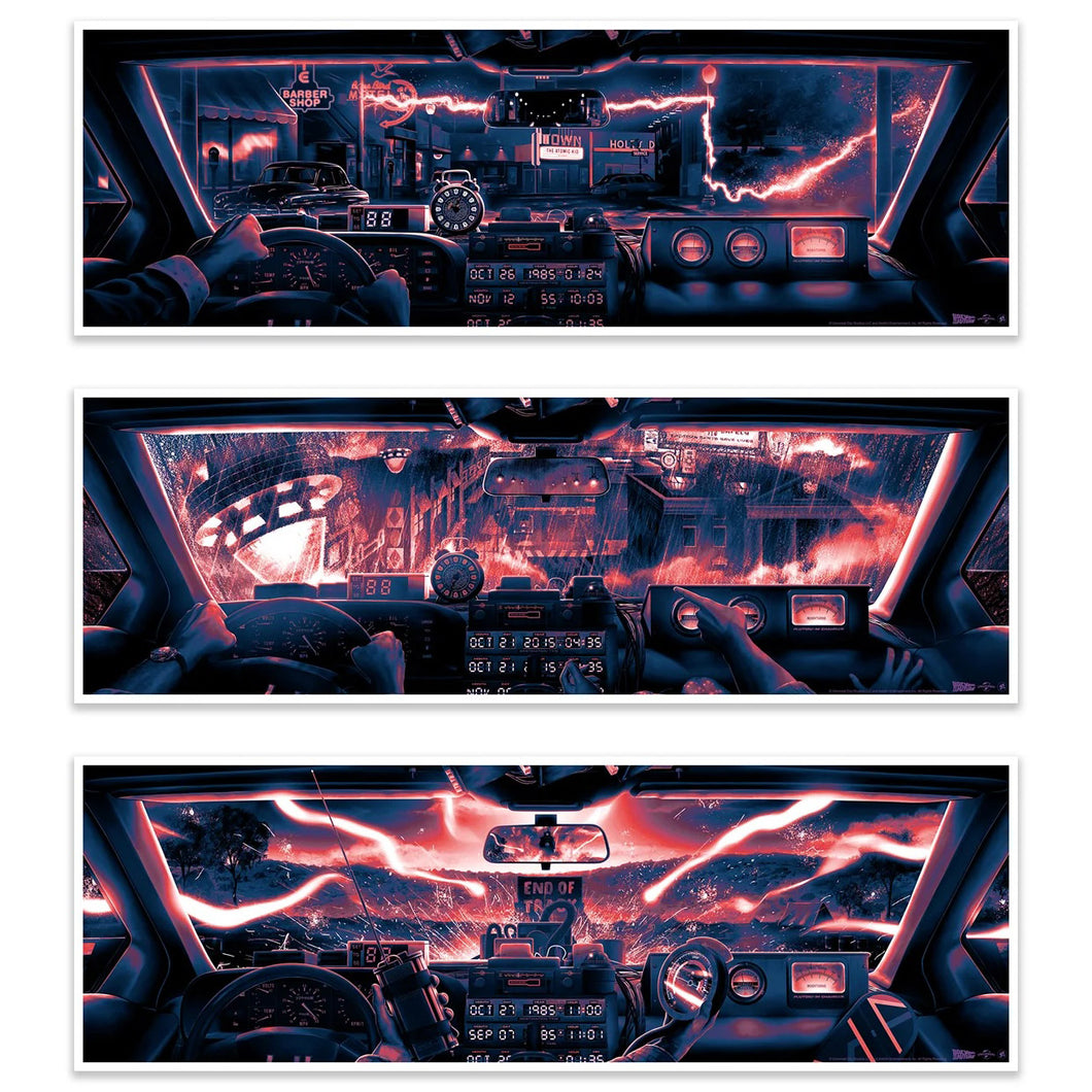 Back to the Future Trilogy (Red Variant) Set by Ben Harman Screen Print Movie Poster