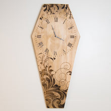 Load image into Gallery viewer, Laser Engraved Coffin Gothic Wall Clock Handmade Pine
