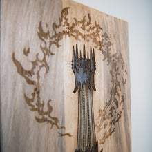 Load image into Gallery viewer, Mordor Tower Wooden Wall Art Laser Engraved &amp; Hand-Painted Reclaimed Pallet Wood Wall Hanging
