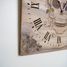 Load image into Gallery viewer, Laser Engraved Skull &amp; Roses Clock made from Reclaimed Pallet Wood Wall
