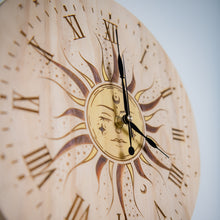 Load image into Gallery viewer, Celestial Sun &amp; Moon Wooden Wall Clock | Laser Engraved &amp; Hand Painted Pine Clock
