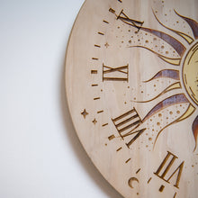 Load image into Gallery viewer, Celestial Sun &amp; Moon Wooden Wall Clock | Laser Engraved &amp; Hand Painted Pine Clock
