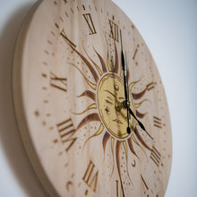 Load image into Gallery viewer, Celestial Sun &amp; Moon Wooden Wall Clock | Laser Engraved &amp; Hand Painted Pine Clock
