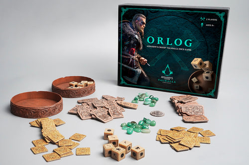 Orlog Dice Game box and game pieces